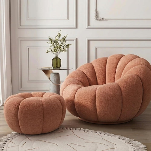 Bloomart Modern Round Pumpkin Design Accent Lounge Chair with Ottoman | Cozy Single Seater Sofa for Living Room & Home (Blue)