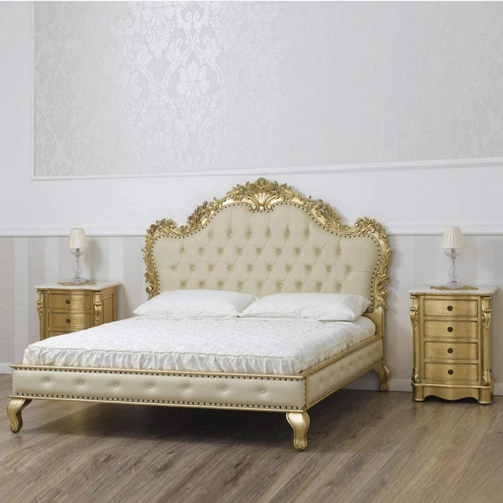 Golden Queen Size Teak Wood Bed Heavy Carved with Cushioned Design