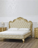 Golden Queen Size Teak Wood Bed Heavy Carved with Cushioned Design
