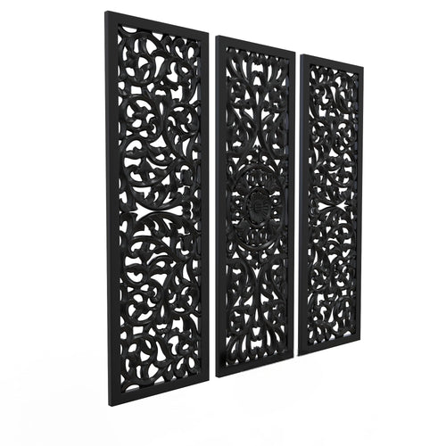 Premium Wooden Decoration Hand Carved 3 Wall Panel (MDF Wood, Black)