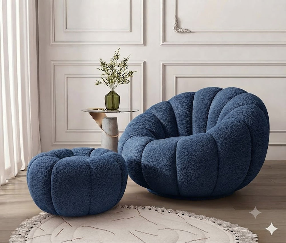 Bloomart Modern Round Pumpkin Design Accent Lounge Chair with Ottoman | Cozy Single Seater Sofa for Living Room & Home (Blue)