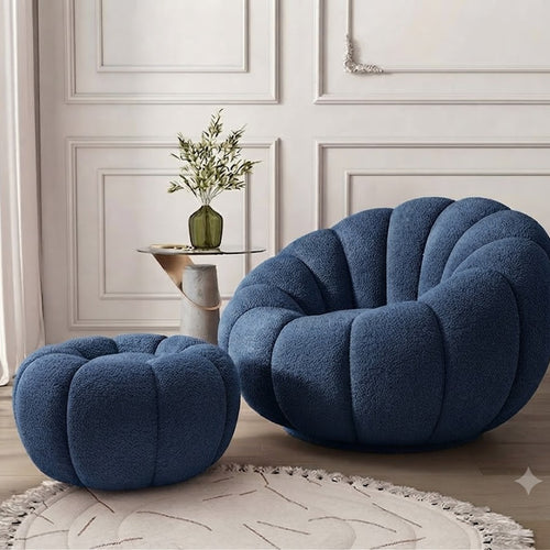 Bloomart Modern Round Pumpkin Design Accent Lounge Chair with Ottoman | Cozy Single Seater Sofa for Living Room & Home (Blue)