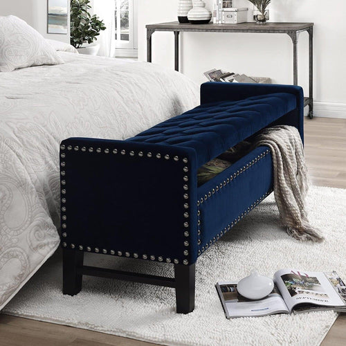 Royal Blue Premium Wood Upholstered Flip top Storage Bench - Bloomart