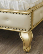 Golden Queen Size Teak Wood Bed Heavy Carved with Cushioned Design