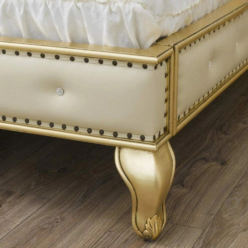 Golden Queen Size Teak Wood Bed Heavy Carved with Cushioned Design