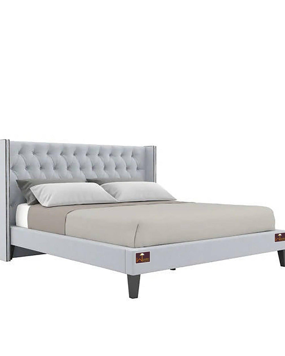 Upholstered Panel Bed Frame with Diamond Tufted and Nailhead Trim Wingback Headboard - WoodenTwist