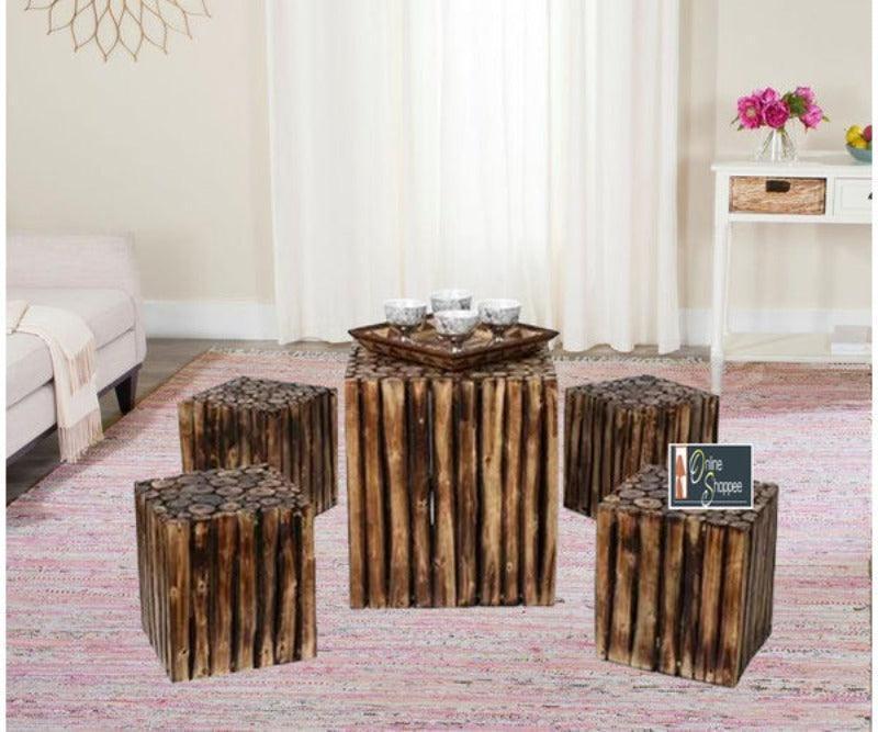Bloque De Madera Wooden Square Coffee Table With 4 Stool