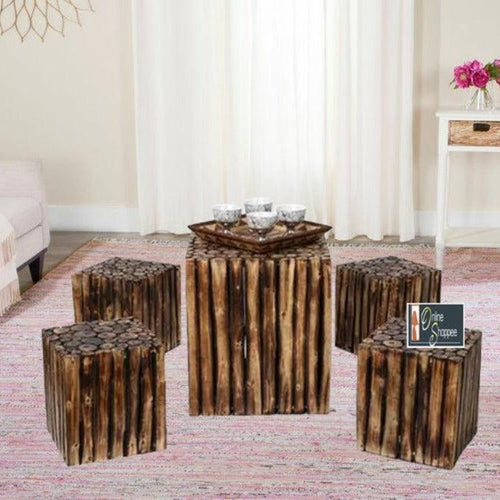 Bloque De Madera Wooden Square Coffee Table With 4 Stool