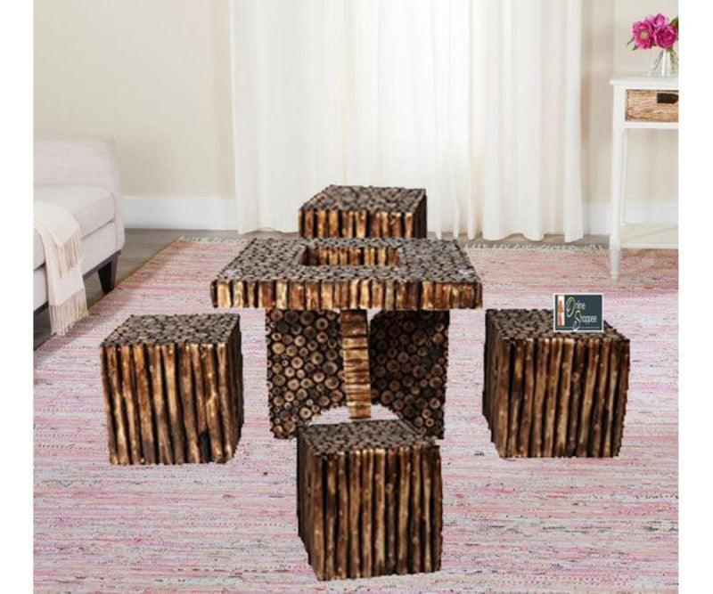 Wooden Antique Square Shaped Coffee Table With 4 Stool - Bloomart