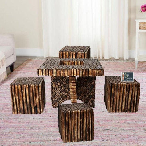 Wooden Antique Square Shaped Coffee Table With 4 Stool - Bloomart