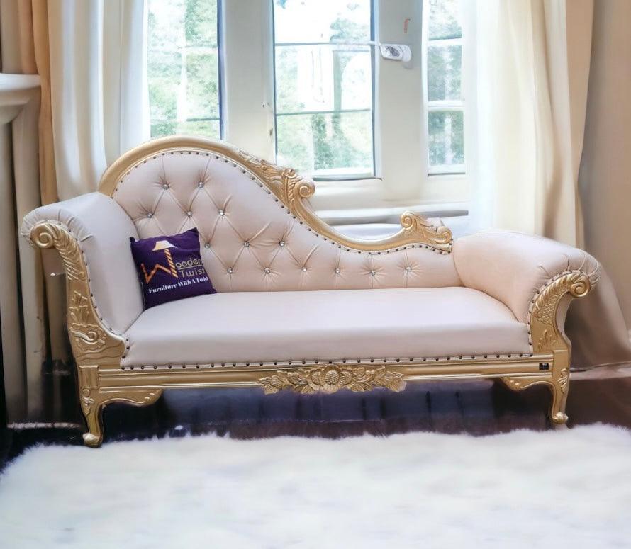 Vintage Teak Wood Handcrafted Deewan Chaise Lounge (Golden) - Bloomart