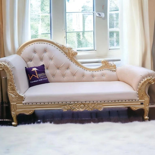 Vintage Teak Wood Handcrafted Deewan Chaise Lounge (Golden) - Bloomart