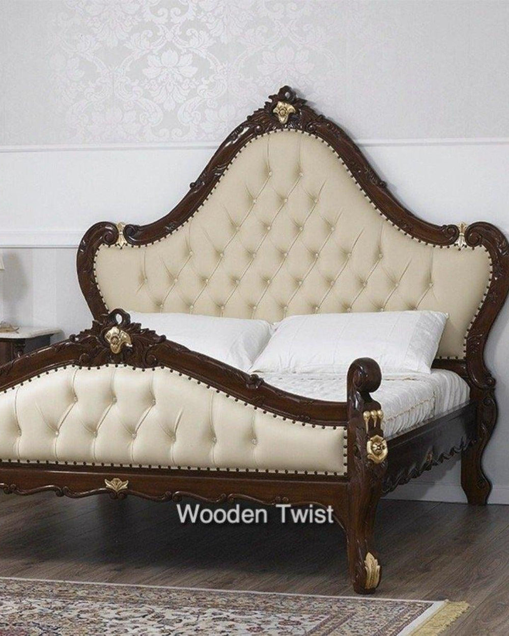 Teak Wood Queen Size Bed Hand Carved With Cushioned Design - WoodenTwist
