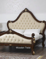 Teak Wood Queen Size Bed Hand Carved With Cushioned Design - WoodenTwist