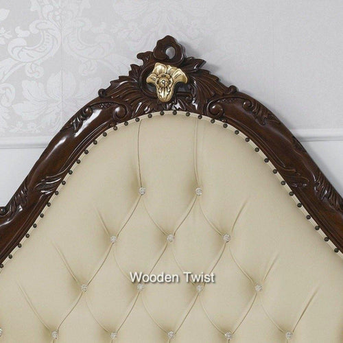 Teak Wood Queen Size Bed Hand Carved With Cushioned Design