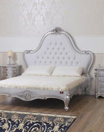 Silver Queen Size Teak Wood Bed Hand Carved with Cushioned Design - WoodenTwist