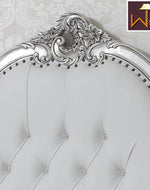 Silver Queen Size Teak Wood Bed Hand Carved with Cushioned Design