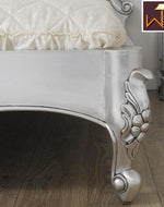 Silver Queen Size Teak Wood Bed Hand Carved with Cushioned Design