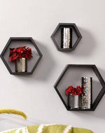Hexagonal Shape Wooden Floating Wall Shelves Set of 3 - WoodenTwist