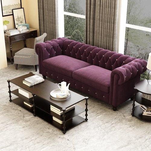 Graceful 3 Seater Velvet Rolled Arm Chesterfield Sofa - Bloomart
