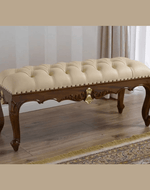 Bloomart Baroque Style Hand Carved Teak Wood Button Tufted Bench (Walnut and Gold Leaf)