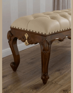 Bloomart Baroque Style Hand Carved Teak Wood Button Tufted Bench (Walnut and Gold Leaf)