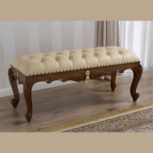 Bloomart Baroque Style Hand Carved Teak Wood Button Tufted Bench (Walnut and Gold Leaf)