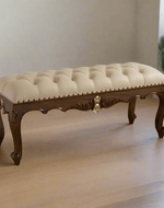Bloomart Baroque Style Hand Carved Teak Wood Button Tufted Bench (Walnut and Gold Leaf)