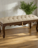Bloomart Baroque Style Hand Carved Teak Wood Button Tufted Bench (Walnut and Gold Leaf)