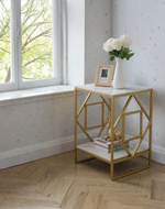 Bloomart Luxury Geometric ( Golden & White ) Side Table with Storage Shelf