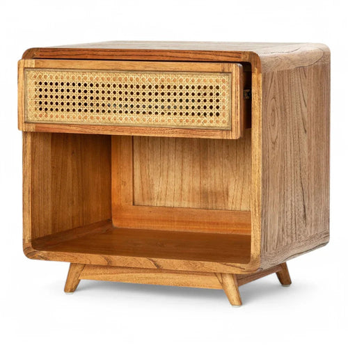 Bloomart Svlozy Modern Wooden Nightstand Rattan Bedside Table with 1 Spacious Storage Drawer & Open Shelf