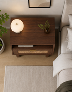 Bloomart Modern Wooden Bedside Table with Cane Drawer Front & Contemporary Nightstand with Open Shelf For Bedroom