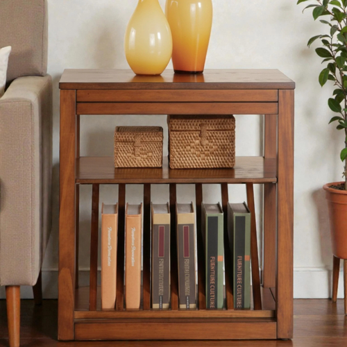 Bloomart Mango Wood & HDHMR End Table with Magazine Rack and Open Storage Shelves – Walnut Finish
