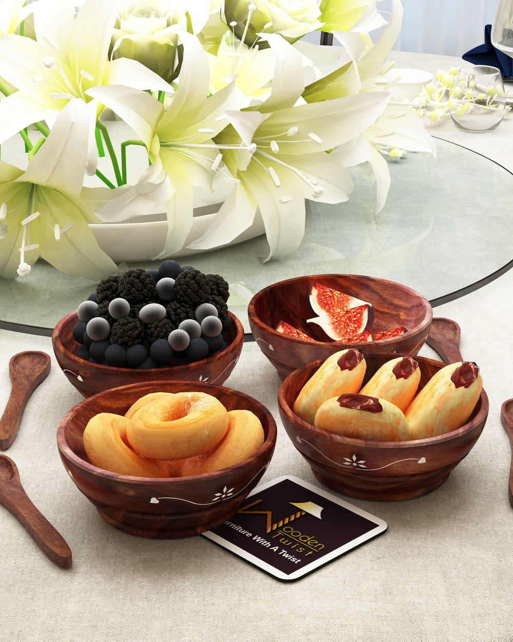 Flaky Leaf Design Sheesham Wood Dry Fruit Bowl ( Set of 4 with Four Spoons )
