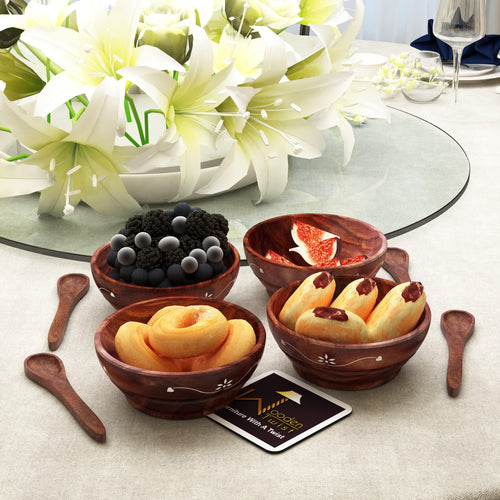 Flaky Leaf Design Sheesham Wood Dry Fruit Bowl ( Set of 4 with Four Spoons )