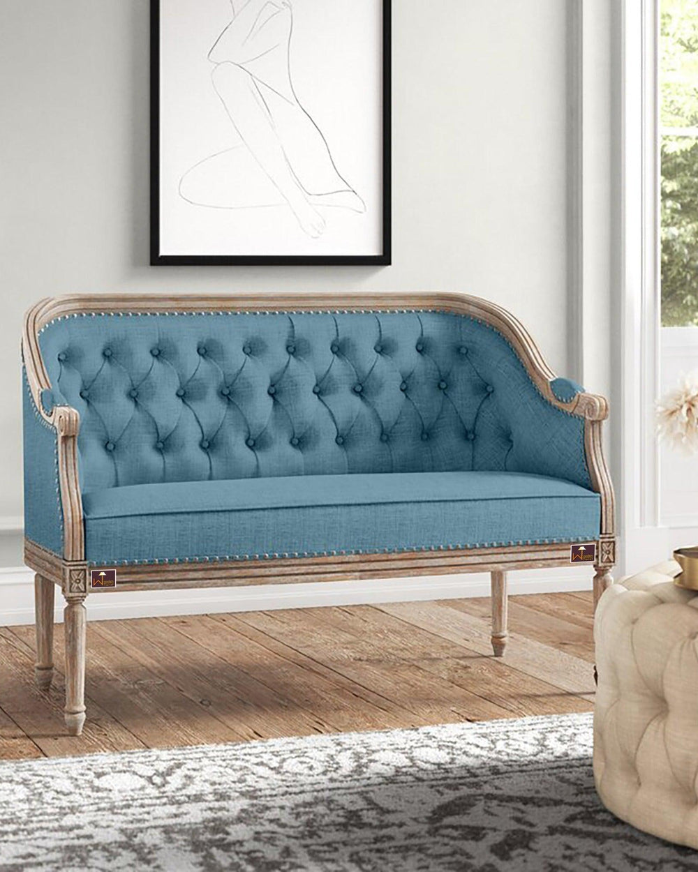 Wooden Flared Arm Loveseat Bench for Living Room Comfort for Backrest (2 Seater, Blue) - Bloomart