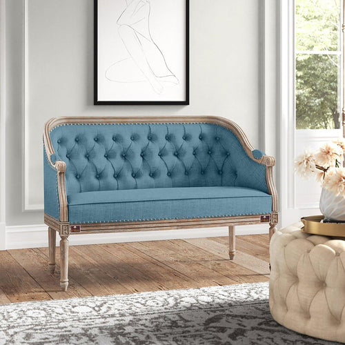 Wooden Flared Arm Loveseat Bench for Living Room Comfort for Backrest (2 Seater, Blue) - Bloomart