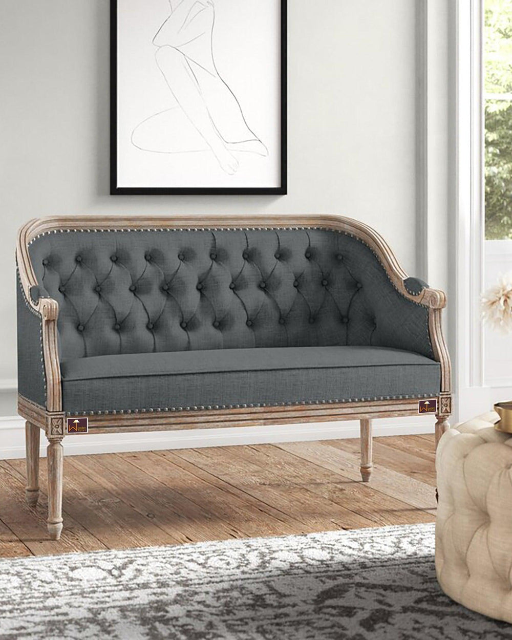 Wooden Flared Arm Loveseat Bench for Living Room Comfort for Backrest (2 Seater, Dark Grey) - Bloomart
