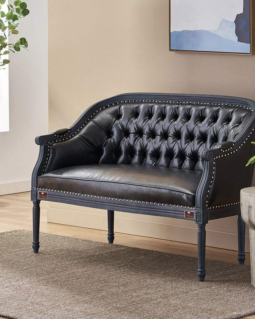 Wooden Flared Arm Loveseat Bench for Living Room Comfort for Backrest (2 Seater, Midnight Black) - Bloomart