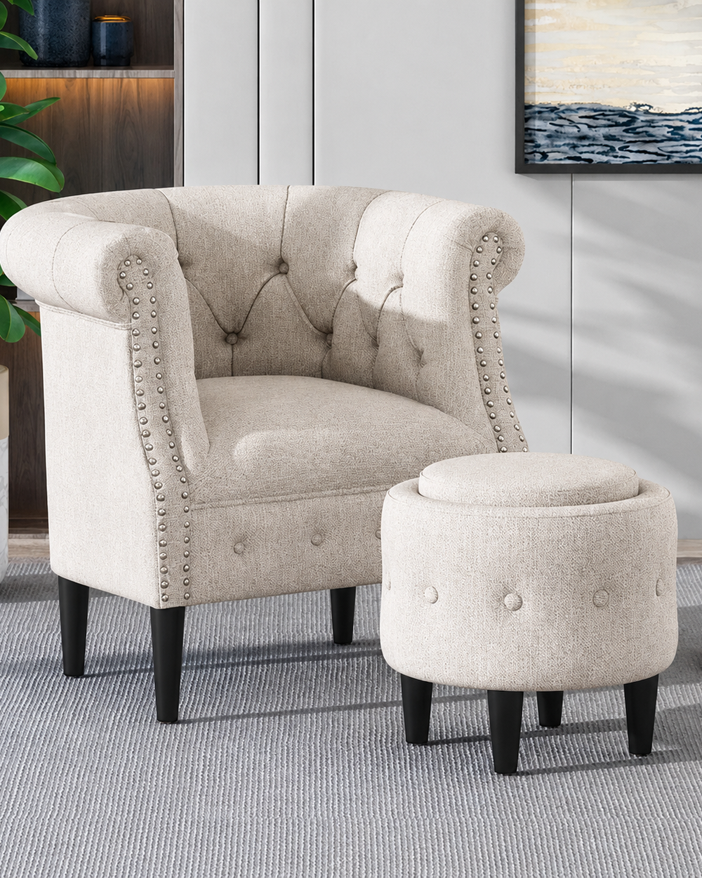 Wide Tufted Chesterfield Arm Chair with Ottoman Footrest (Walnut Legs)