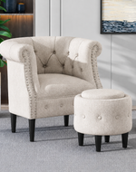 Wide Tufted Chesterfield Arm Chair with Ottoman Footrest (Walnut Legs)