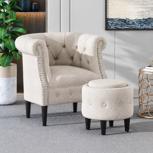 Wide Tufted Chesterfield Arm Chair with Ottoman Footrest (Walnut Legs)