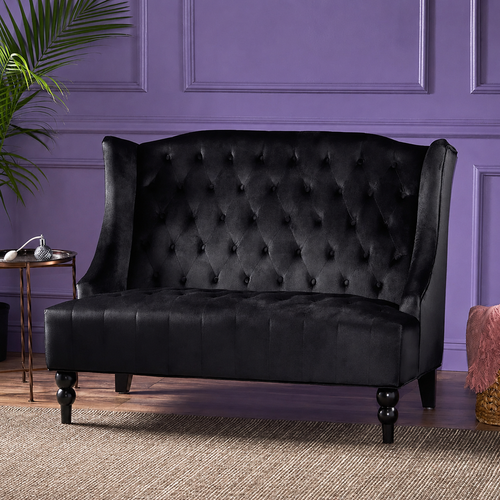 Bloomart Aerona Soft Velvet Upholstery Button Tufted Modern Bench With Teak Wood Legs ( Black )