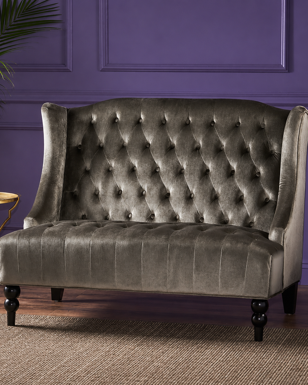 Bloomart Aerona Soft Velvet Upholstery Button Tufted Modern Bench With Teak Wood Legs ( Grey )