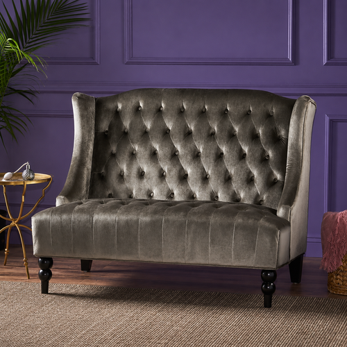 Bloomart Aerona Soft Velvet Upholstery Button Tufted Modern Bench With Teak Wood Legs ( Grey )