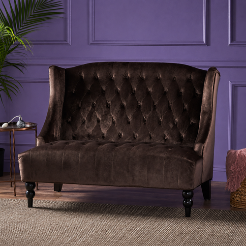 Bloomart Aerona Soft Velvet Upholstery Button Tufted Modern Bench With Teak Wood Legs ( Chocolate )