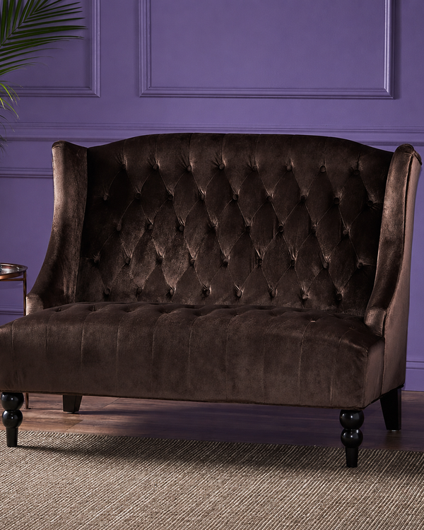 Bloomart Aerona Soft Velvet Upholstery Button Tufted Modern Bench With Teak Wood Legs ( Chocolate )