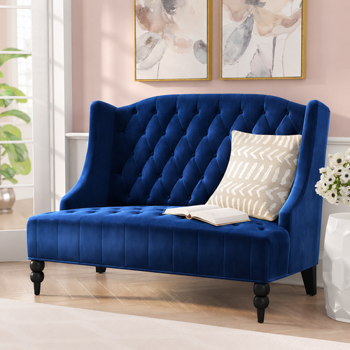Bloomart Aerona Soft Velvet Upholstery Button Tufted Modern Bench With Teak Wood Legs (Blue)
