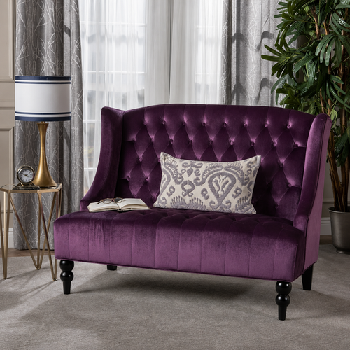 Bloomart Aerona Soft Velvet Upholstery Button Tufted Modern Bench With Teak Wood Legs ( Purple )