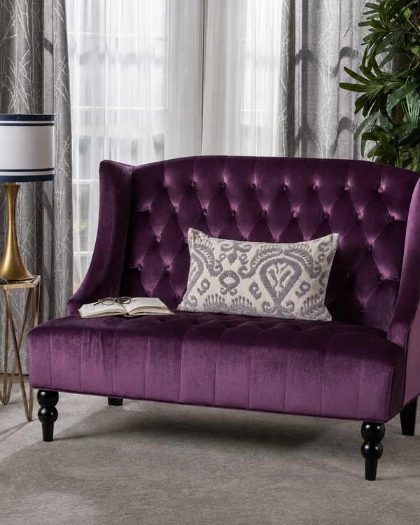 Bloomart Aerona Soft Velvet Upholstery Button Tufted Modern Bench With Teak Wood Legs ( Purple )